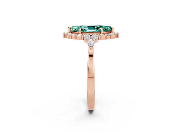 Rose gold Marquise Cut Green Sapphire Halo Ring with Pear Side Stones and Prong Setting