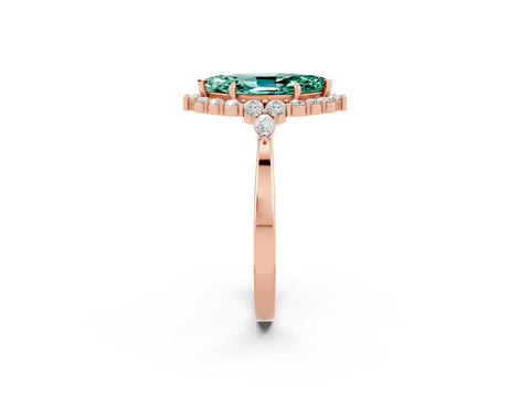 Rose gold Marquise Cut Green Sapphire Halo Ring with Pear Side Stones and Prong Setting_34