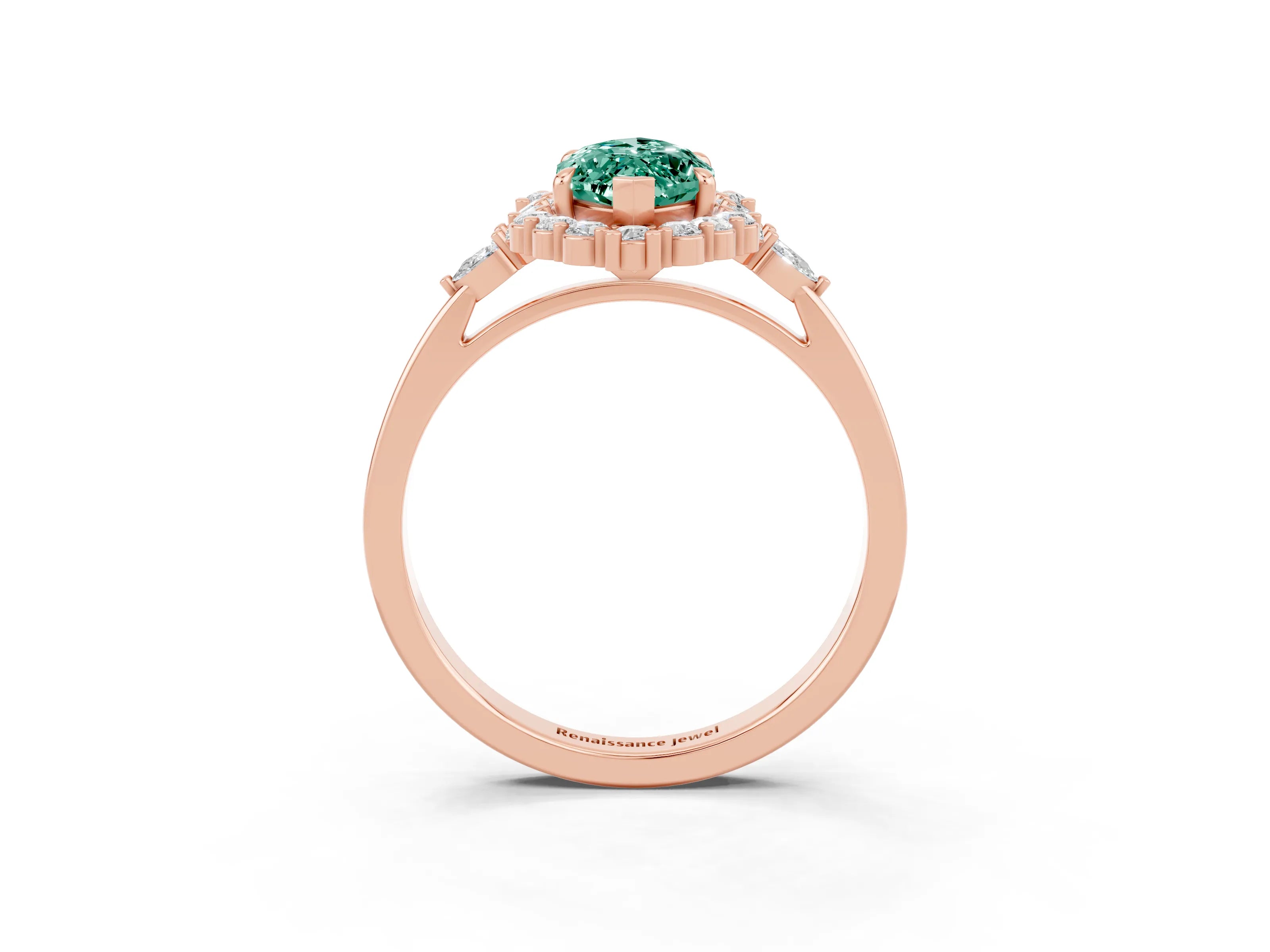 Rose gold Marquise Cut Green Sapphire Halo Ring with Pear Side Stones and Prong Setting_35