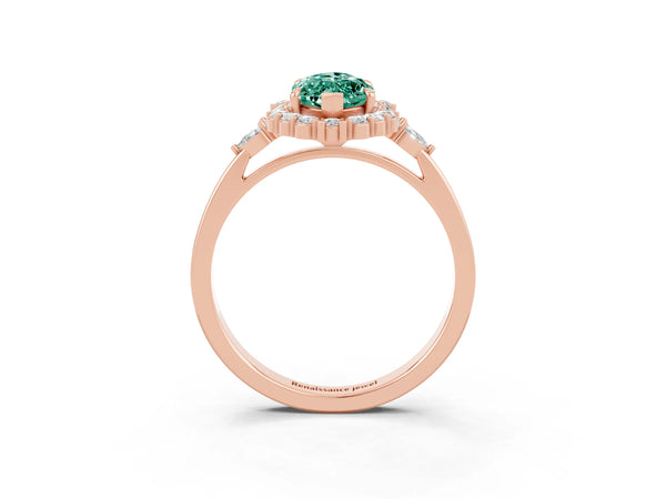 Rose gold Marquise Cut Green Sapphire Halo Ring with Pear Side Stones and Prong Setting