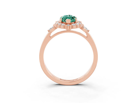 Rose gold Marquise Cut Green Sapphire Halo Ring with Pear Side Stones and Prong Setting_35