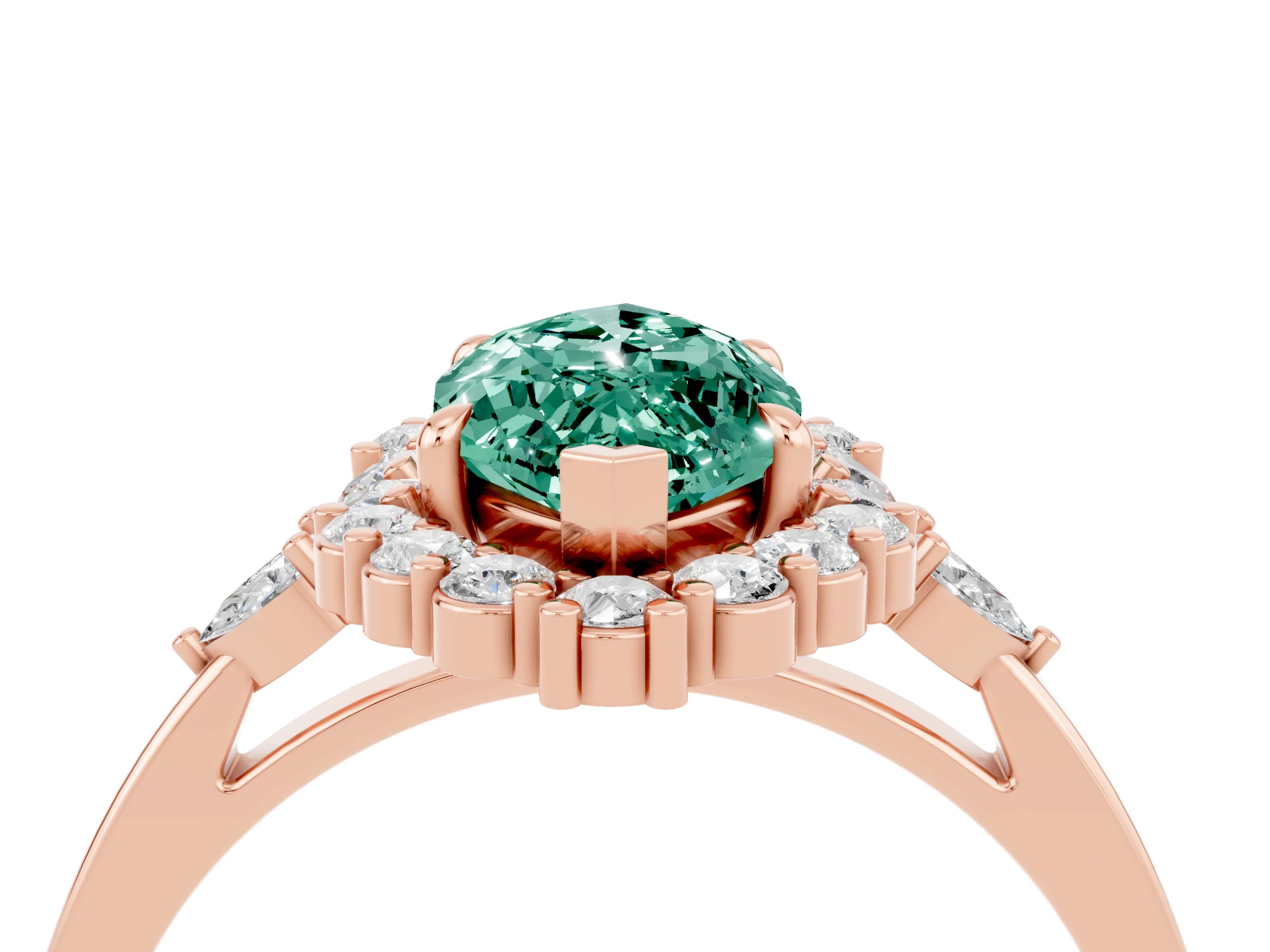 Rose gold Marquise Cut Green Sapphire Halo Ring with Pear Side Stones and Prong Setting_36