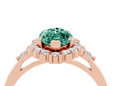 Rose gold Marquise Cut Green Sapphire Halo Ring with Pear Side Stones and Prong Setting_36