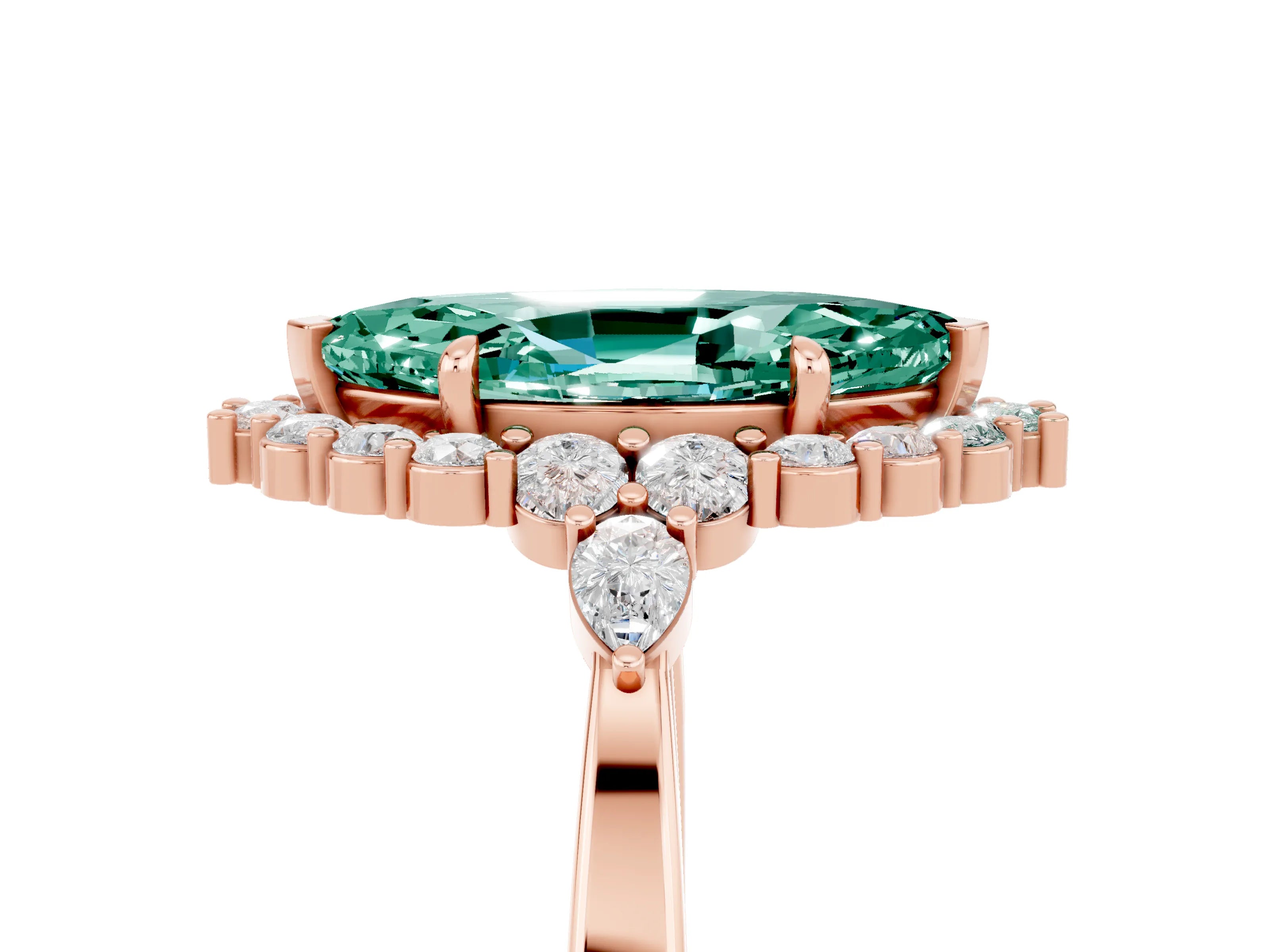 Rose gold Marquise Cut Green Sapphire Halo Ring with Pear Side Stones and Prong Setting_37