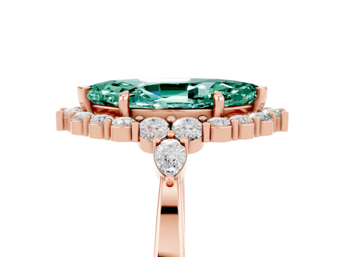 Rose gold Marquise Cut Green Sapphire Halo Ring with Pear Side Stones and Prong Setting_37