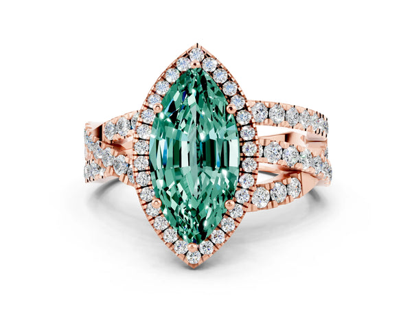 Rose gold Marquise Cut Green Sapphire Halo Ring with Round Split Shank and Prong Setting