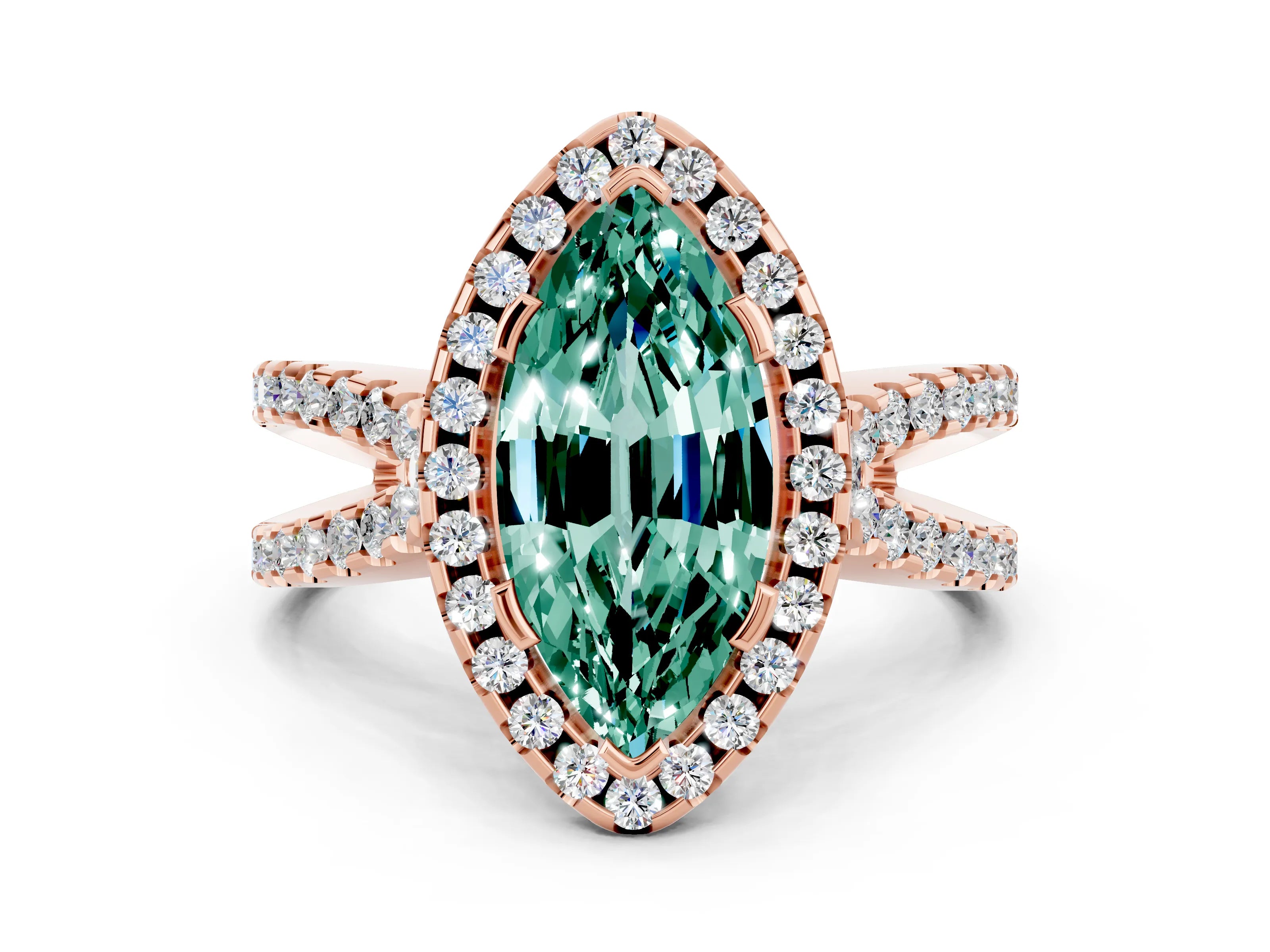Rose gold Marquise Cut Green Sapphire Halo Ring with Split Shank Pavé Band and Prong Setting
