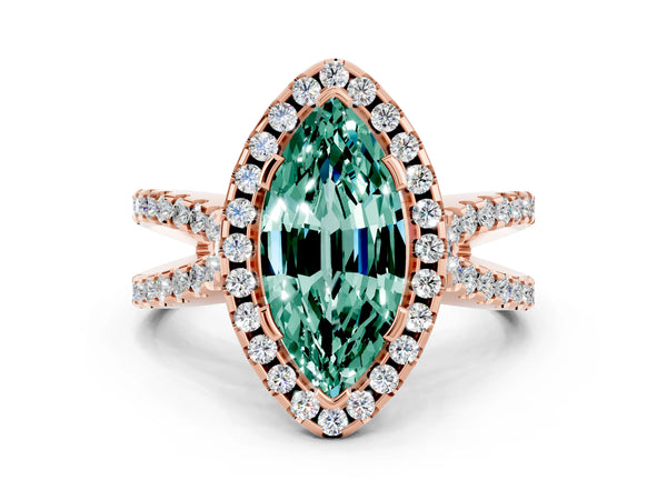 Rose gold Marquise Cut Green Sapphire Halo Ring with Split Shank Pavé Band and Prong Setting