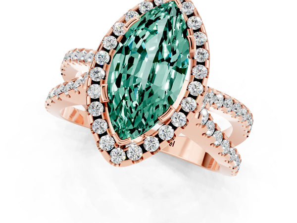 Rose gold Marquise Cut Green Sapphire Halo Ring with Split Shank Pavé Band and Prong Setting