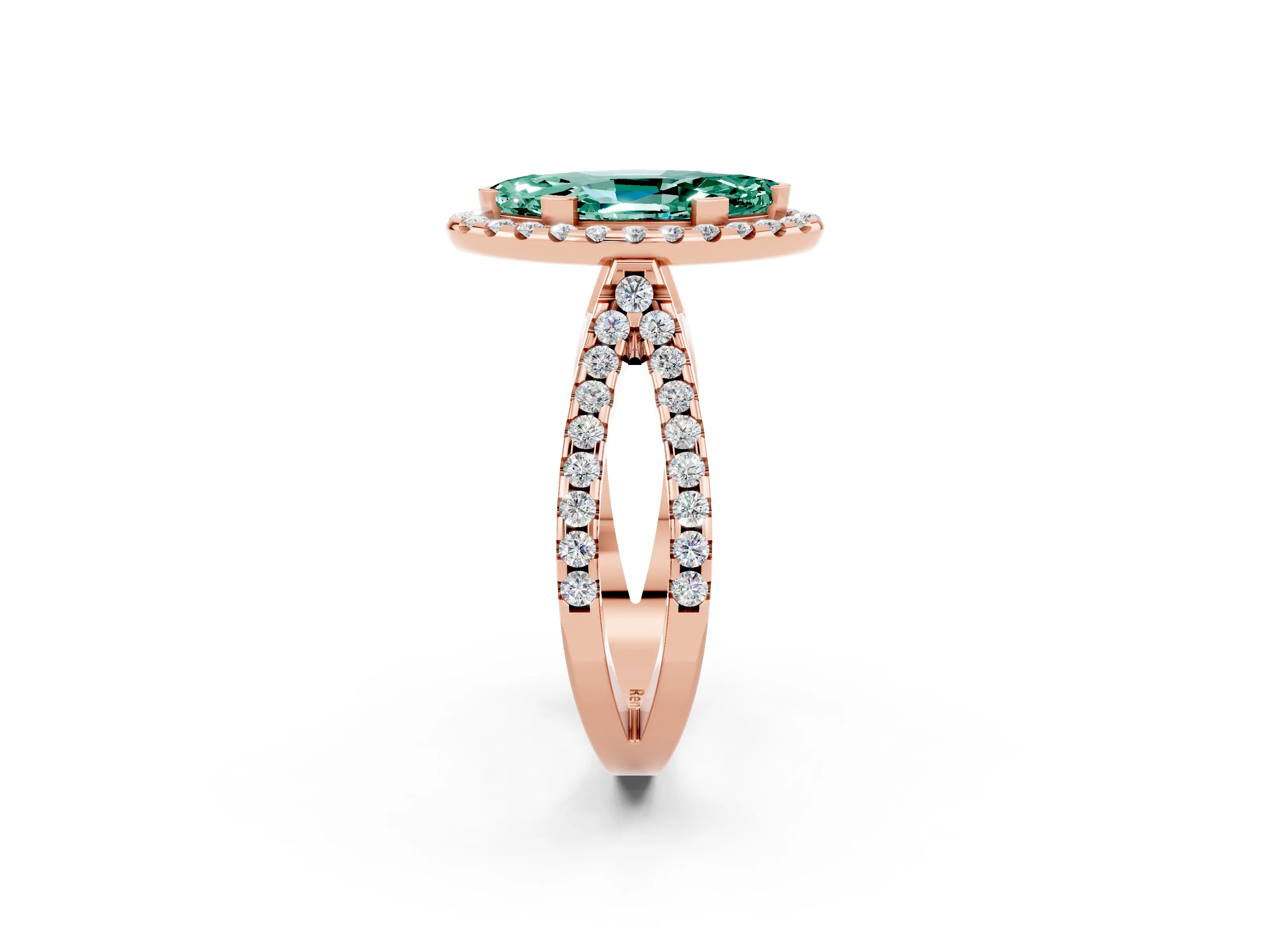 Rose gold Marquise Cut Green Sapphire Halo Ring with Split Shank Pavé Band and Prong Setting_2
