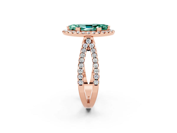 Rose gold Marquise Cut Green Sapphire Halo Ring with Split Shank Pavé Band and Prong Setting