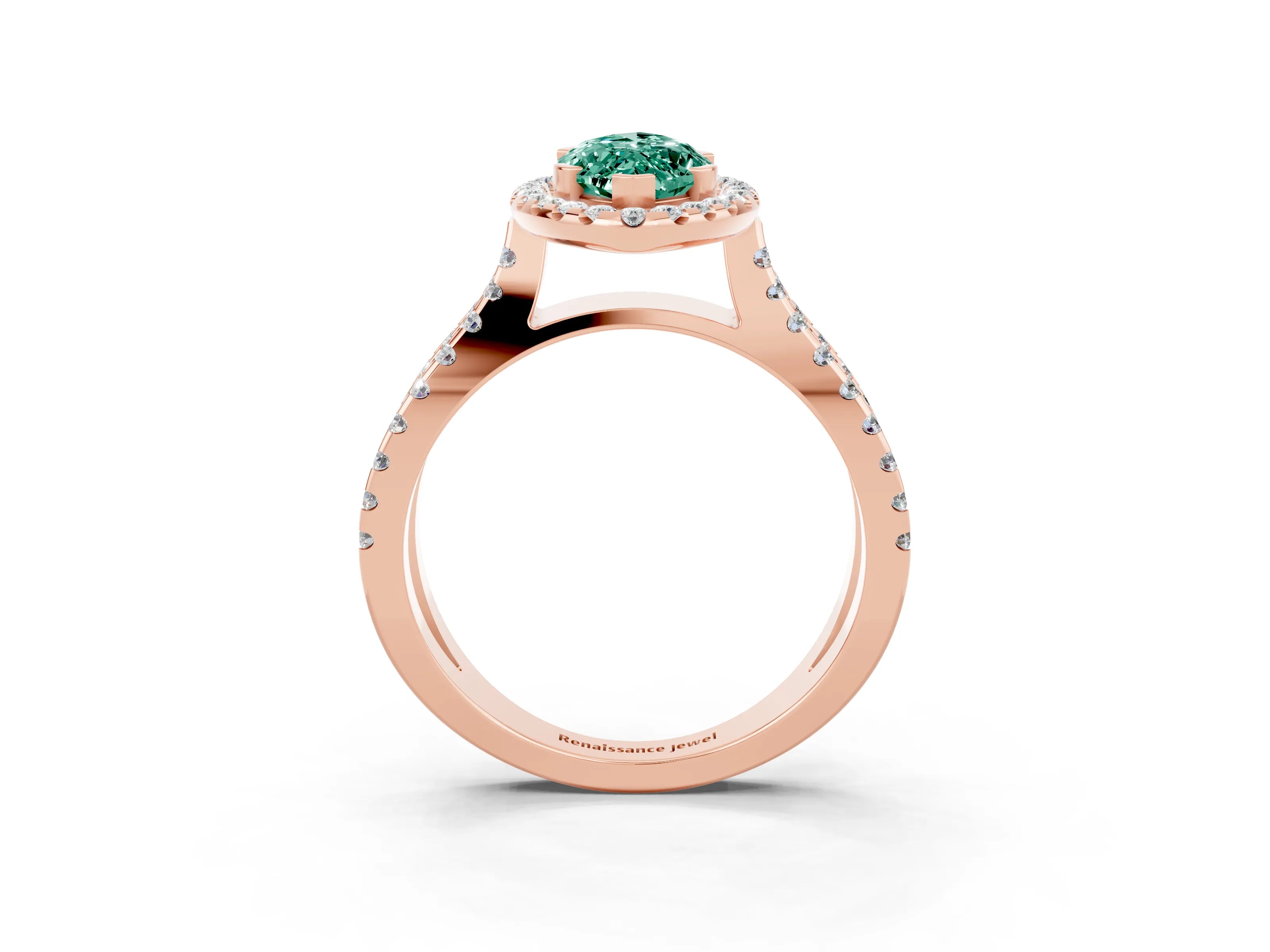 Rose gold Marquise Cut Green Sapphire Halo Ring with Split Shank Pavé Band and Prong Setting_3