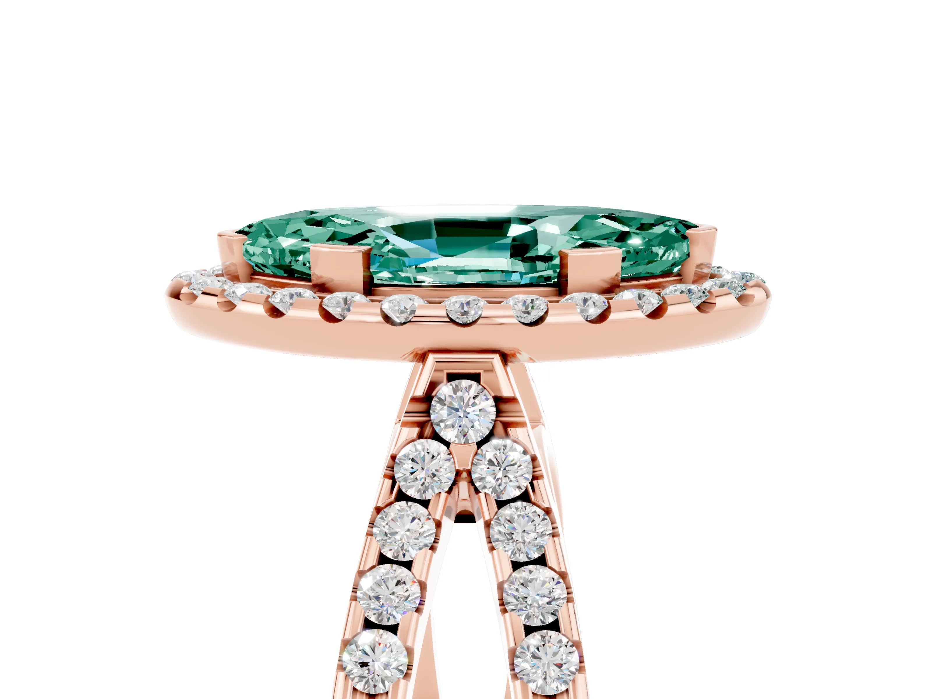 Rose gold Marquise Cut Green Sapphire Halo Ring with Split Shank Pavé Band and Prong Setting_5