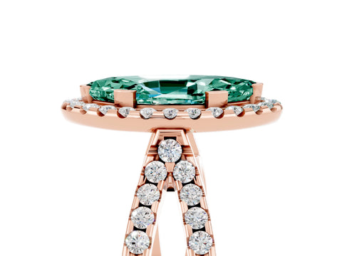 Rose gold Marquise Cut Green Sapphire Halo Ring with Split Shank Pavé Band and Prong Setting_5