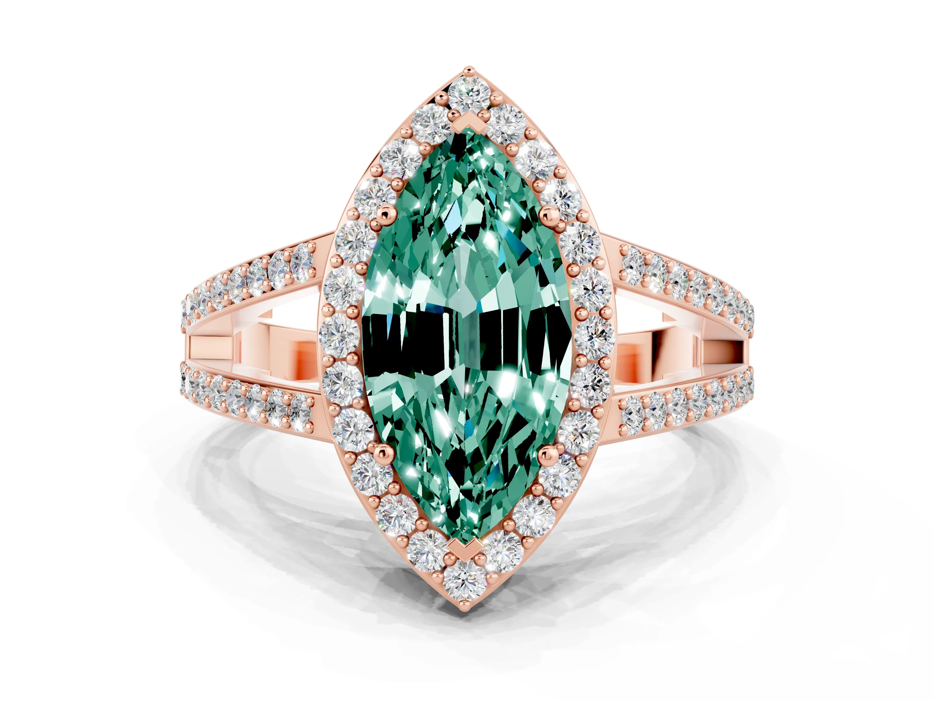 Rose gold Marquise Cut Green Sapphire Halo Ring with Split Shank U-Prong Band and Four-Prong Setting