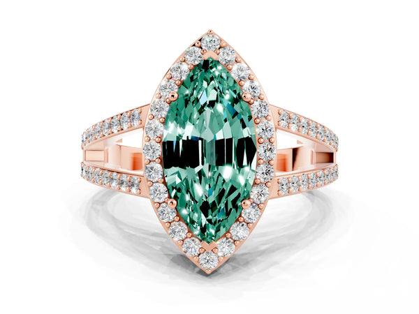 Rose gold Marquise Cut Green Sapphire Halo Ring with Split Shank U-Prong Band and Four-Prong Setting