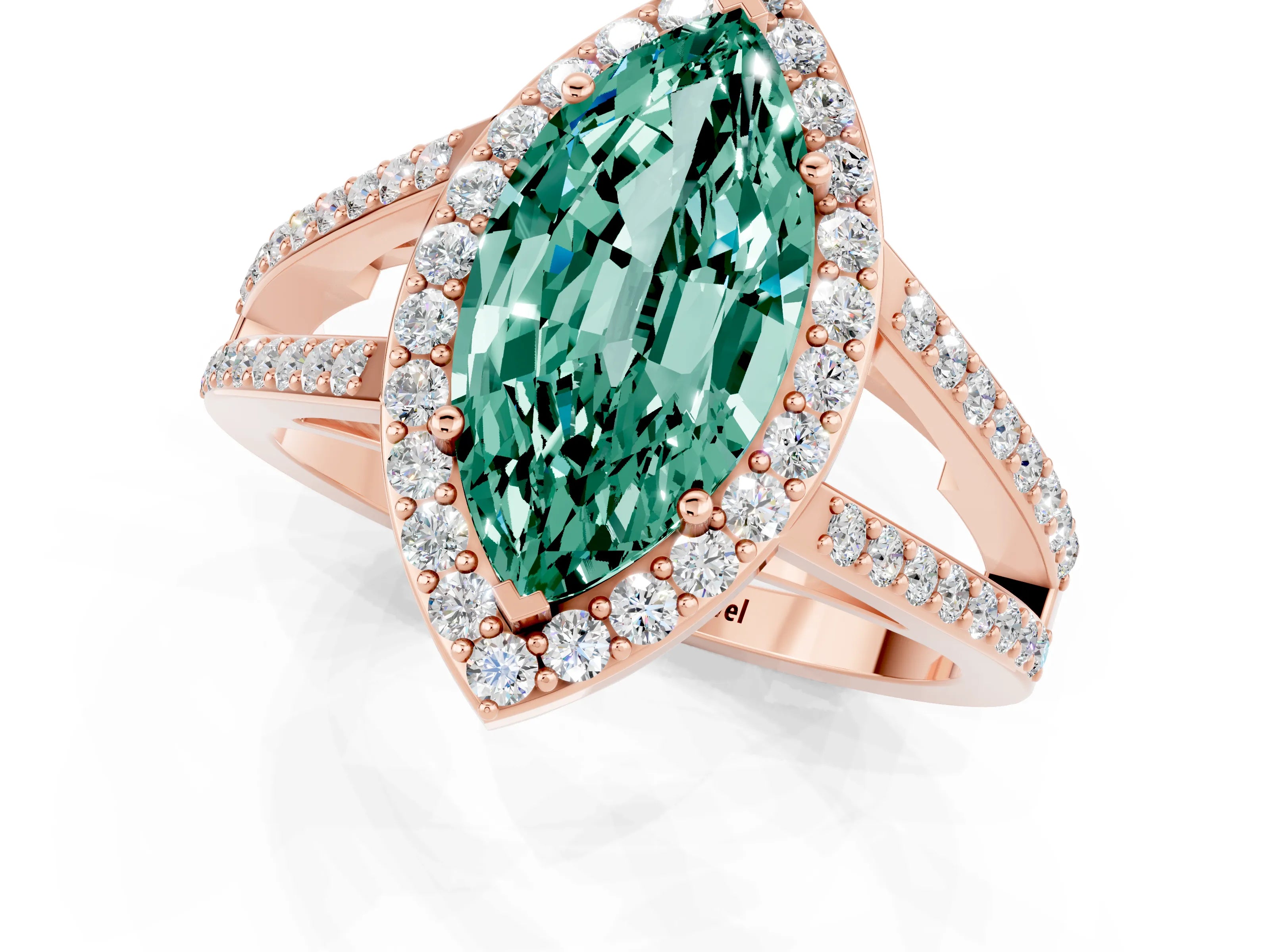 Rose gold Marquise Cut Green Sapphire Halo Ring with Split Shank U-Prong Band and Four-Prong Setting_1