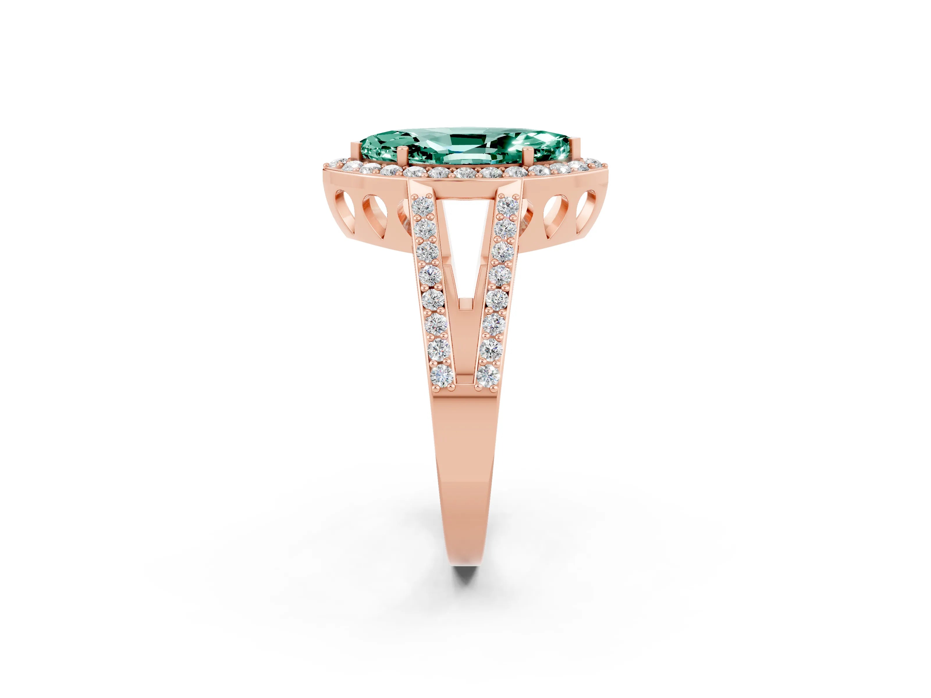 Rose gold Marquise Cut Green Sapphire Halo Ring with Split Shank U-Prong Band and Four-Prong Setting_2