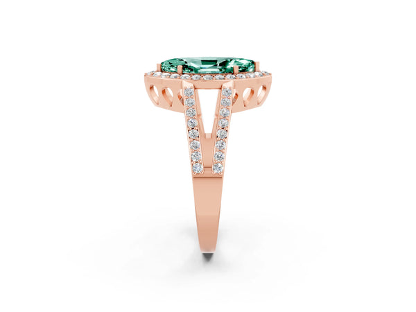 Rose gold Marquise Cut Green Sapphire Halo Ring with Split Shank U-Prong Band and Four-Prong Setting