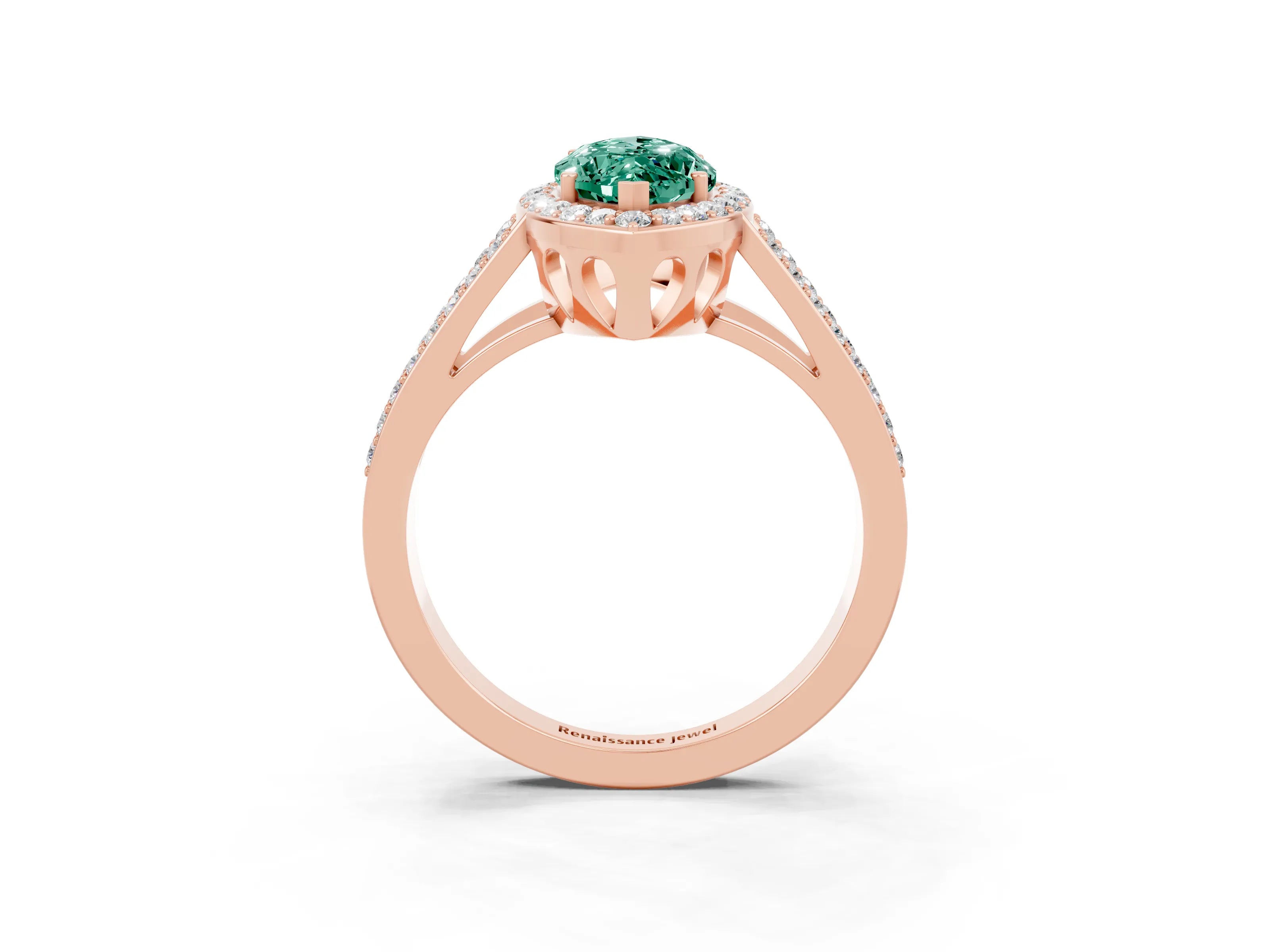 Rose gold Marquise Cut Green Sapphire Halo Ring with Split Shank U-Prong Band and Four-Prong Setting_3