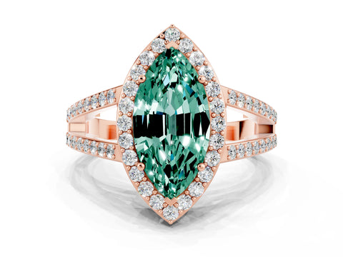 Rose gold Marquise Cut Green Sapphire Halo Ring with Split Shank U-Prong Band and Four-Prong Setting