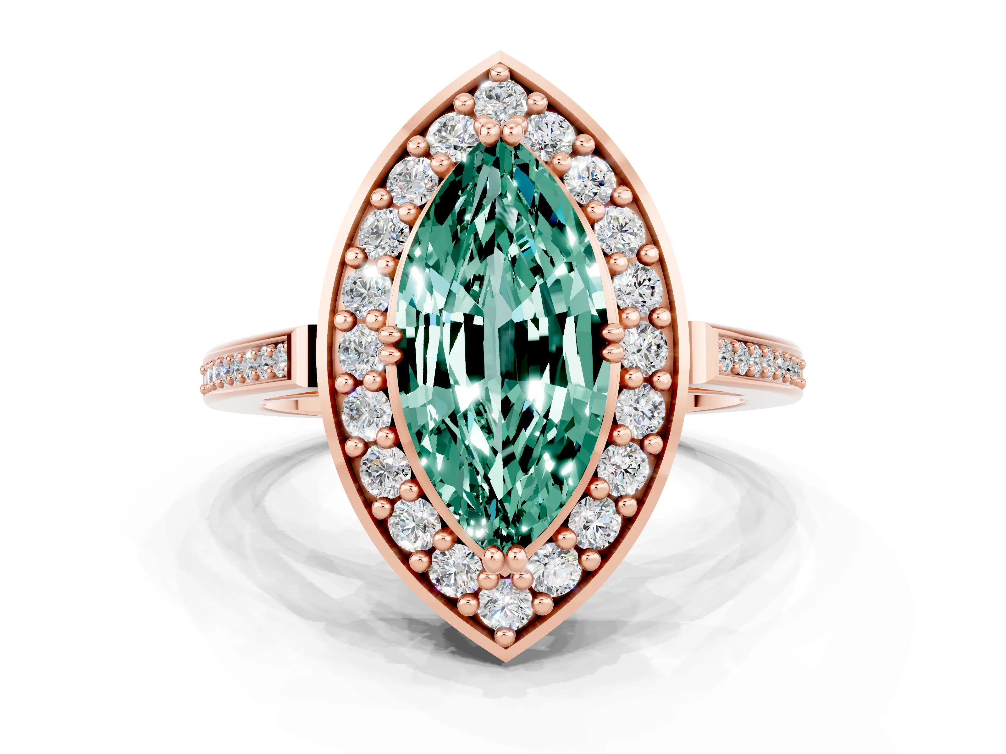 Rose gold Marquise Cut Green Sapphire Halo Ring with Split Shank and Four-Prong Setting