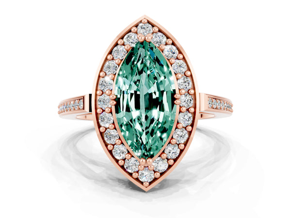 Rose gold Marquise Cut Green Sapphire Halo Ring with Split Shank and Four-Prong Setting