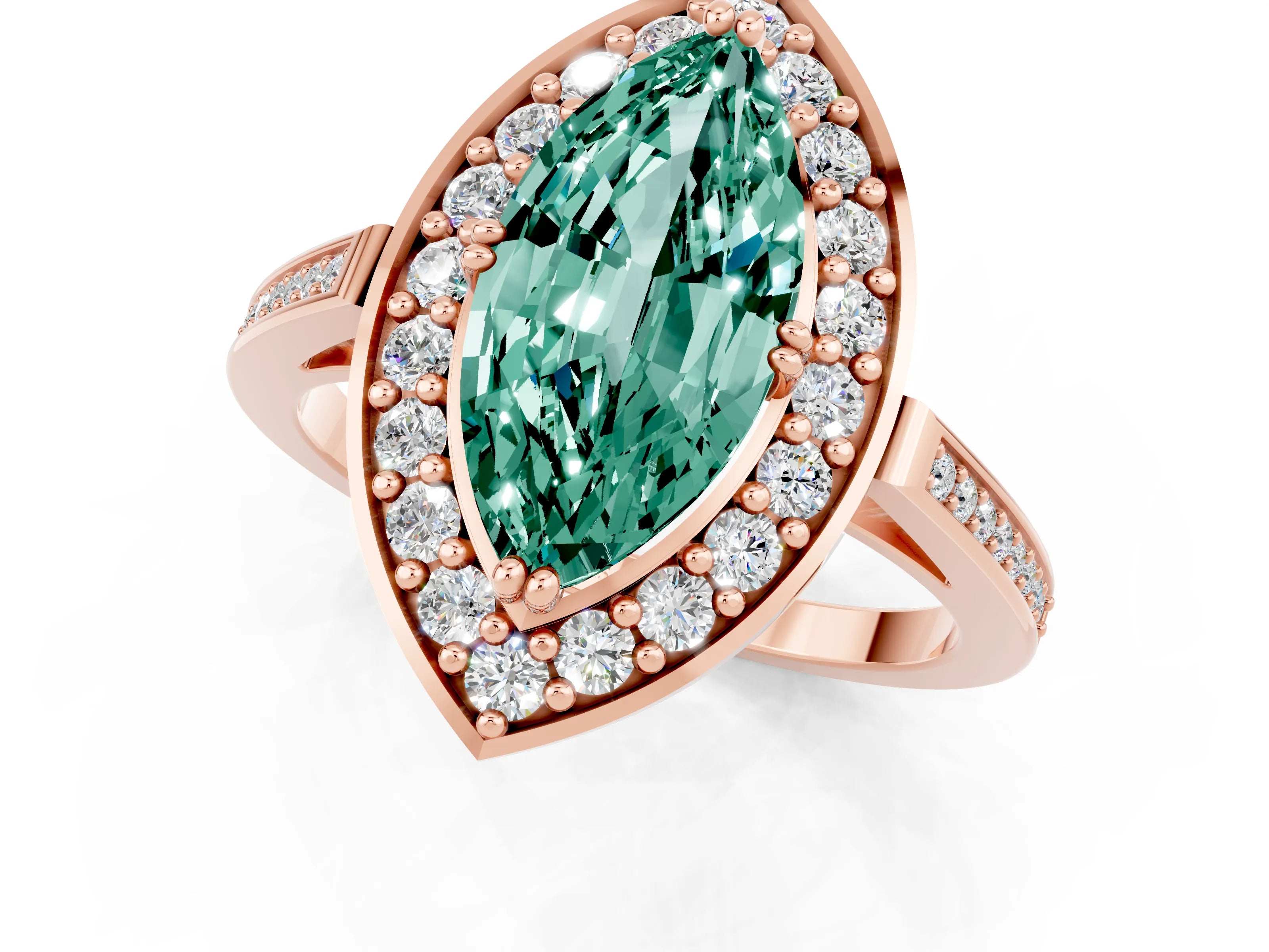Rose gold Marquise Cut Green Sapphire Halo Ring with Split Shank and Four-Prong Setting_1