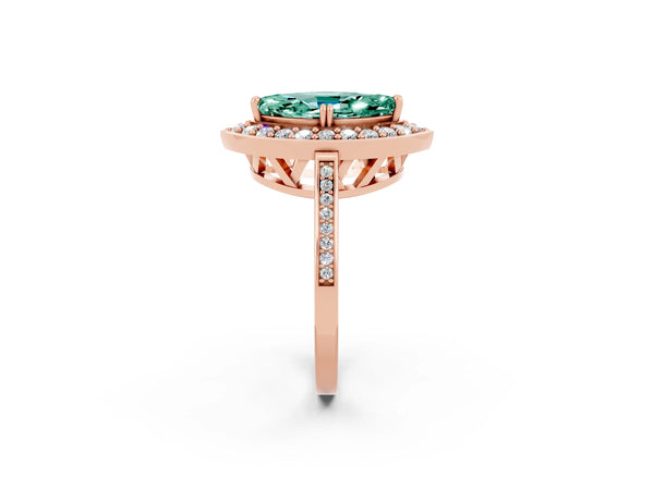 Rose gold Marquise Cut Green Sapphire Halo Ring with Split Shank and Four-Prong Setting