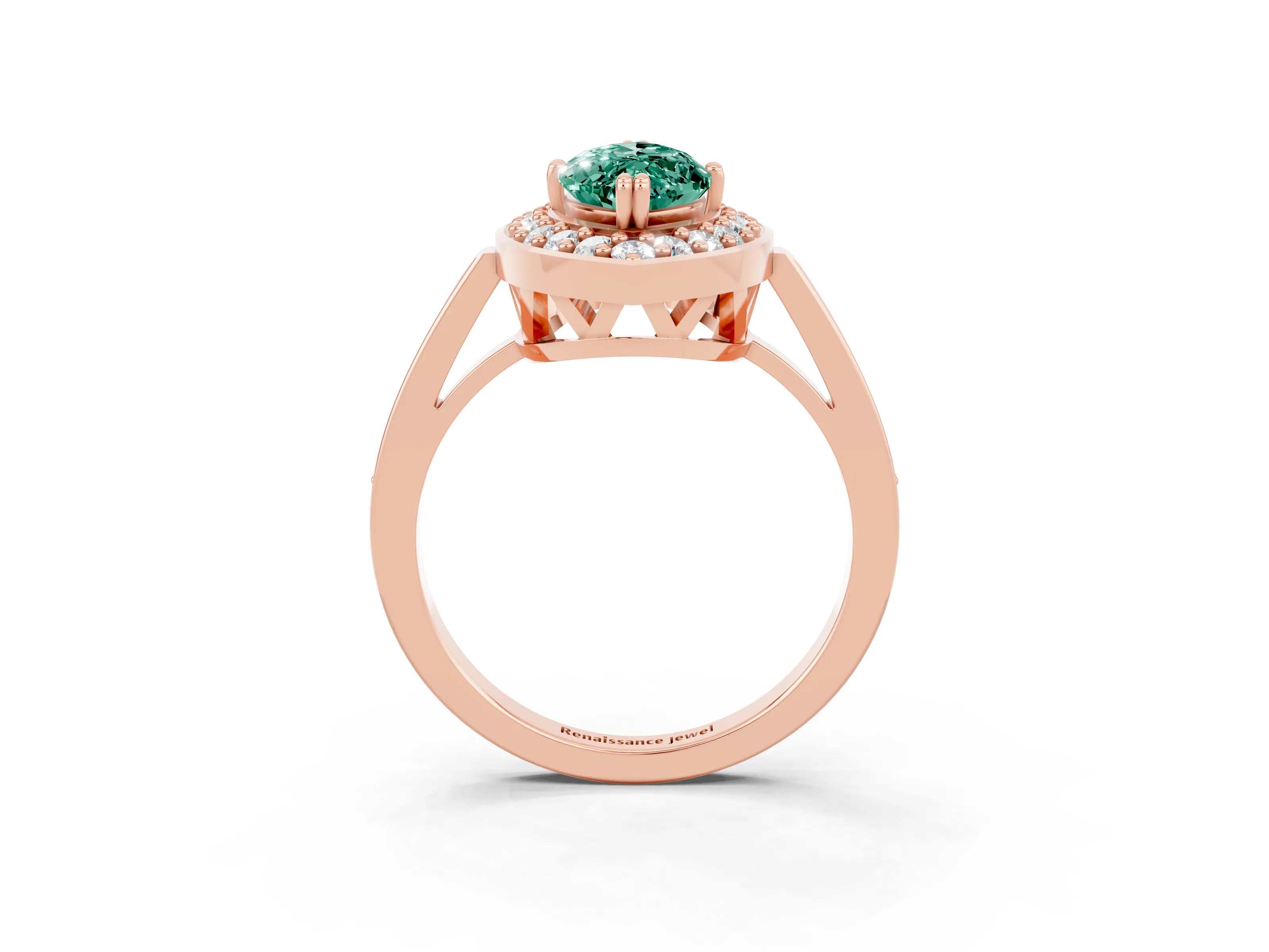 Rose gold Marquise Cut Green Sapphire Halo Ring with Split Shank and Four-Prong Setting_3