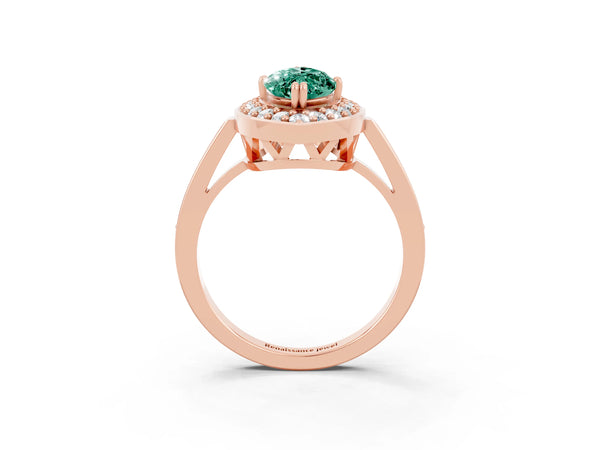 Rose gold Marquise Cut Green Sapphire Halo Ring with Split Shank and Four-Prong Setting