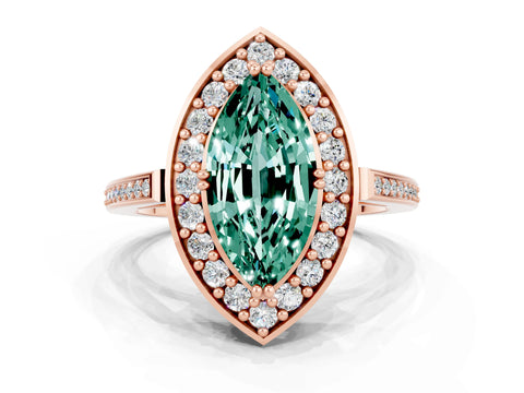 Rose gold Marquise Cut Green Sapphire Halo Ring with Split Shank and Four-Prong Setting