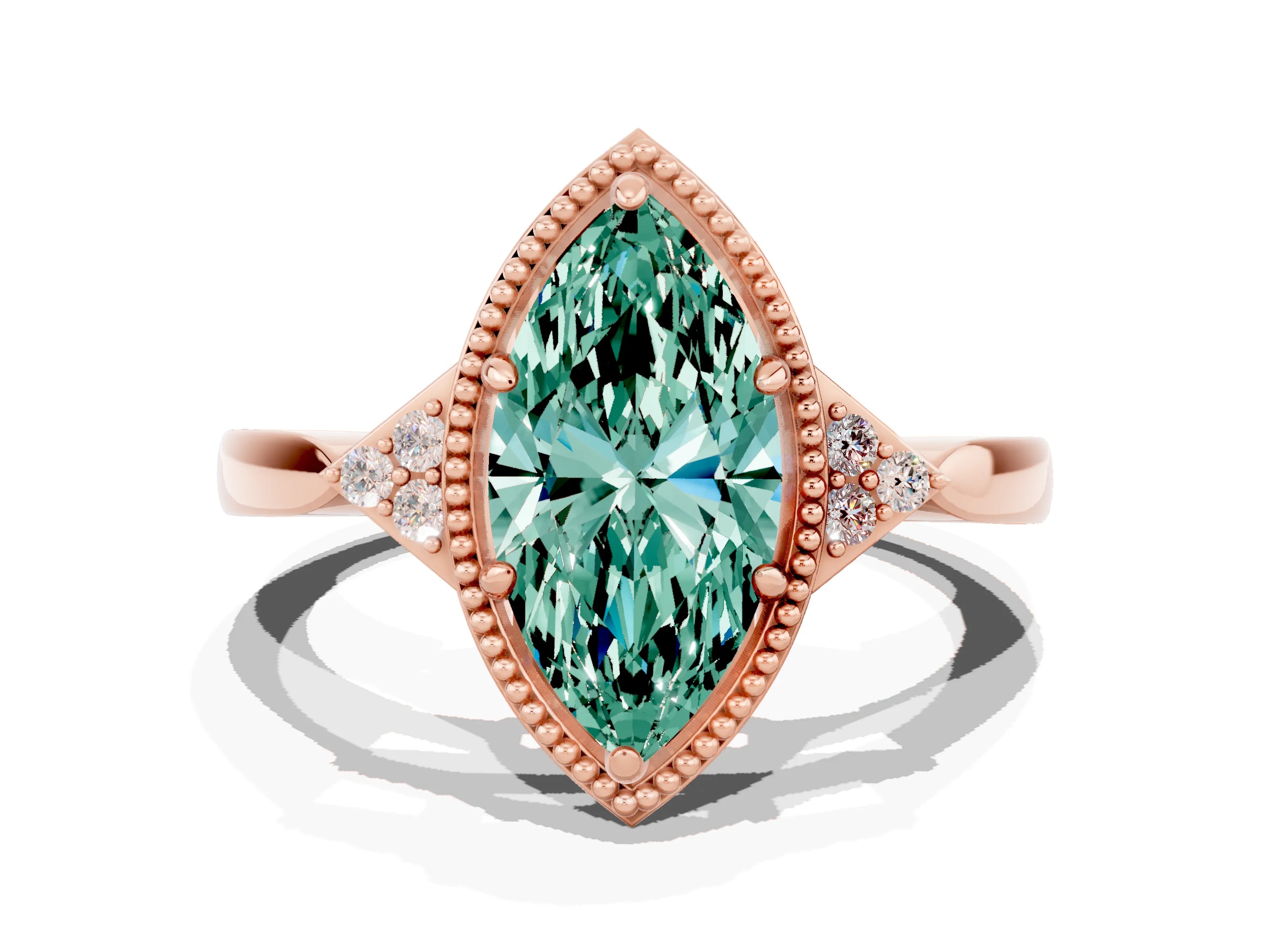 Rose gold Marquise Cut Green Sapphire Halo Ring with Tapered Band and Four-Prong Setting