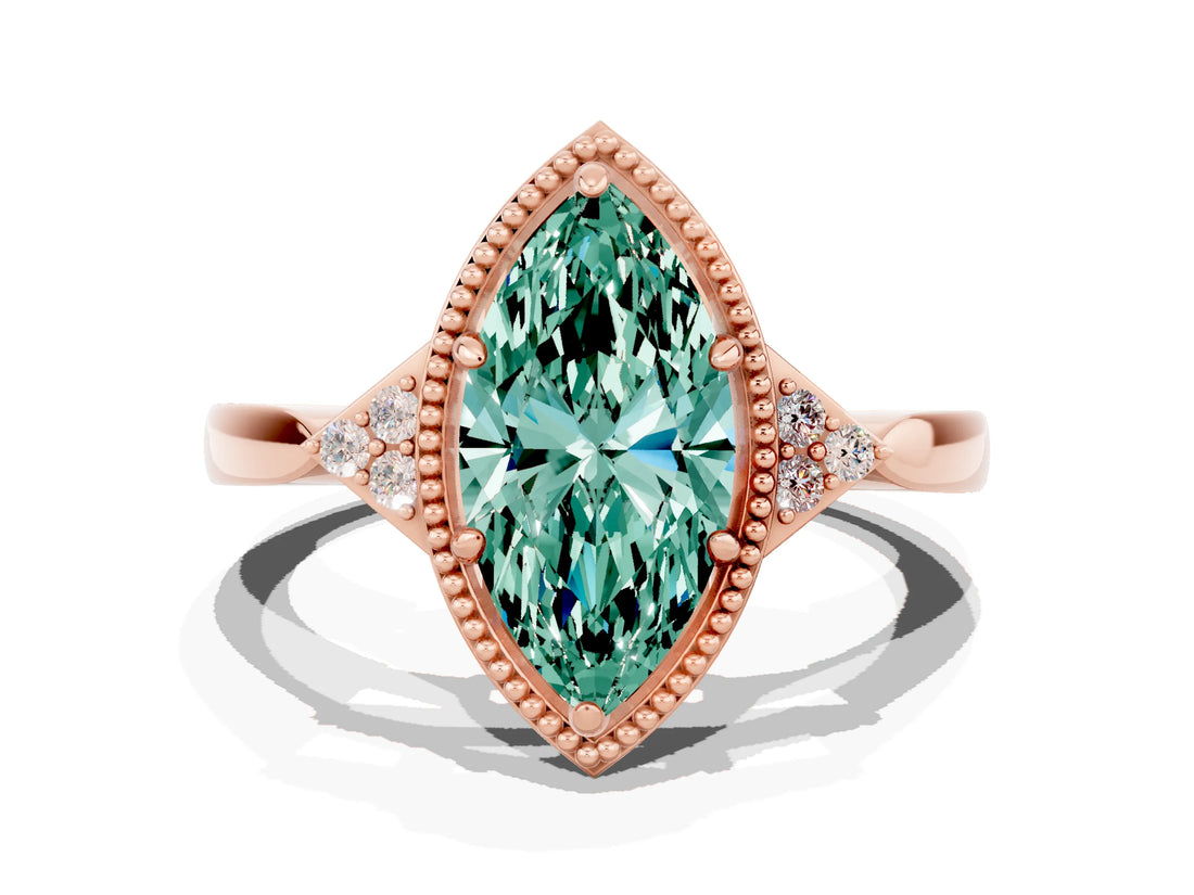 Rose gold Marquise Cut Green Sapphire Halo Ring with Tapered Band and Four-Prong Setting