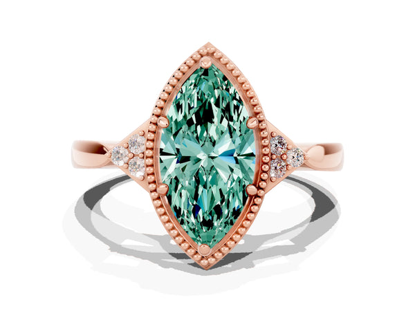 Rose gold Marquise Cut Green Sapphire Halo Ring with Tapered Band and Four-Prong Setting