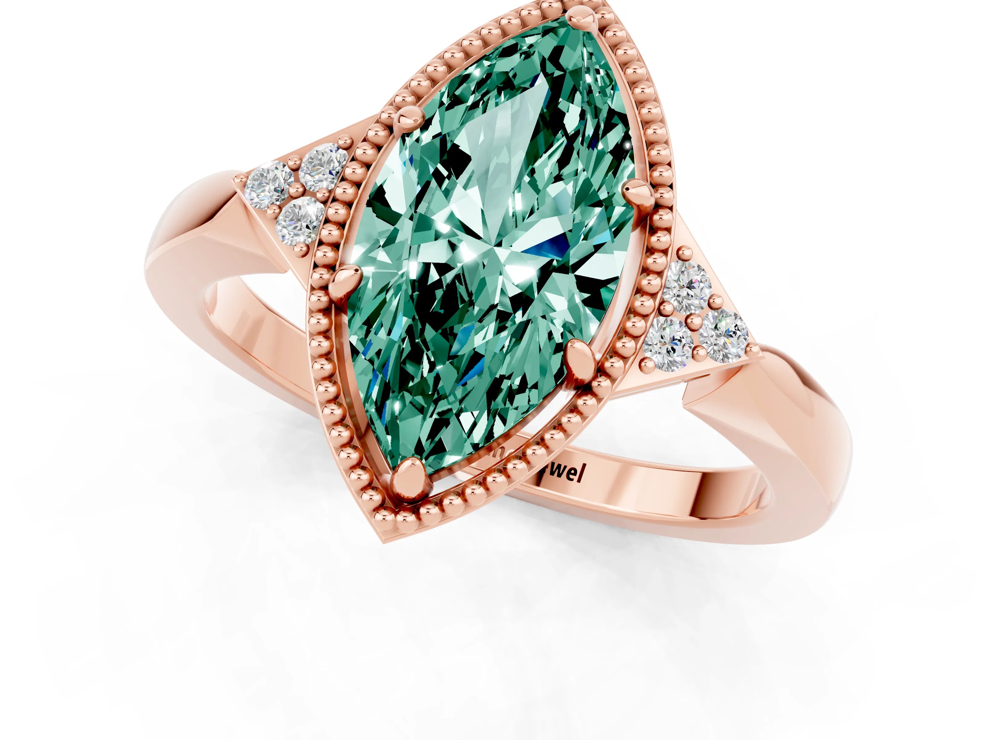 Rose gold Marquise Cut Green Sapphire Halo Ring with Tapered Band and Four-Prong Setting_1