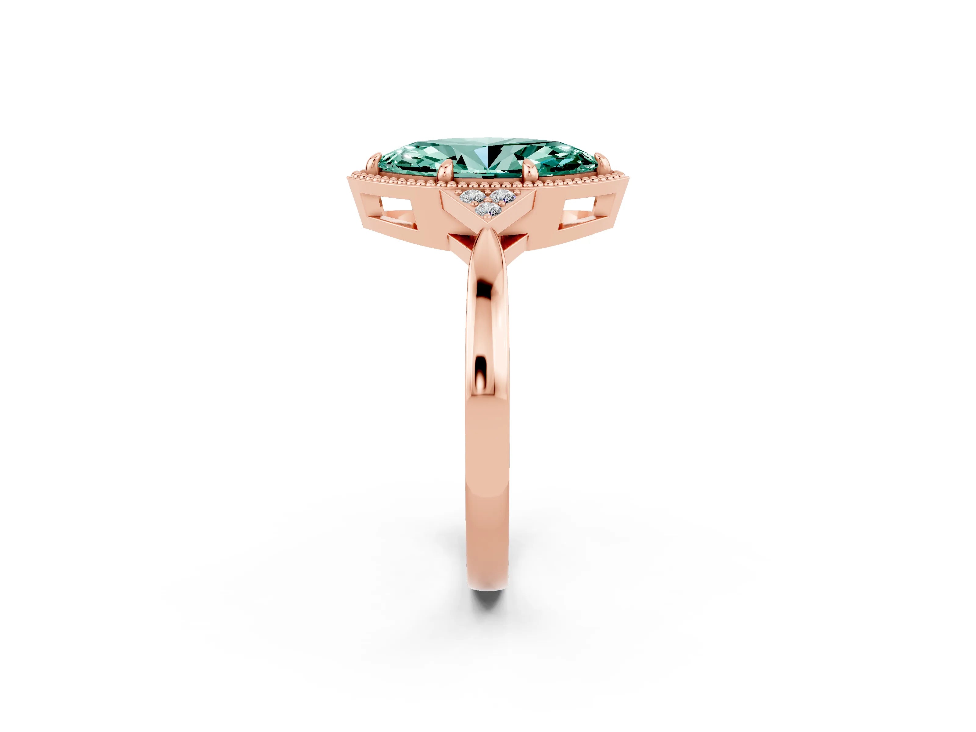 Rose gold Marquise Cut Green Sapphire Halo Ring with Tapered Band and Four-Prong Setting_2