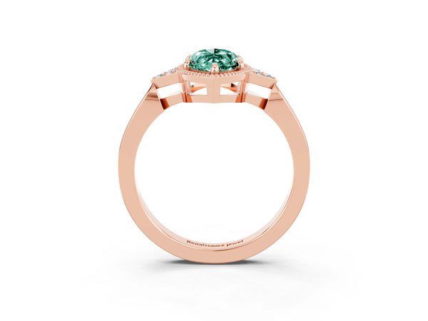 Rose gold Marquise Cut Green Sapphire Halo Ring with Tapered Band and Four-Prong Setting