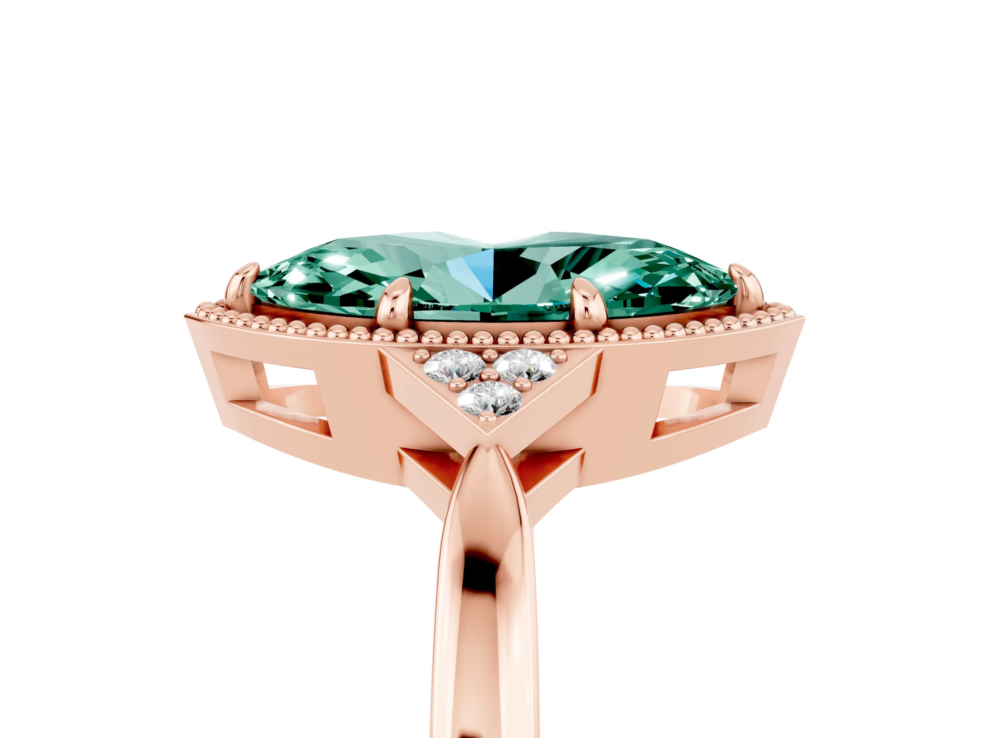Rose gold Marquise Cut Green Sapphire Halo Ring with Tapered Band and Four-Prong Setting_5