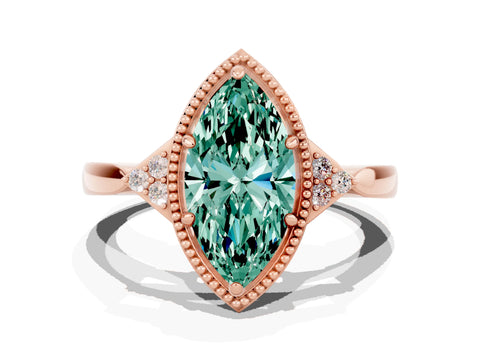 Rose gold Marquise Cut Green Sapphire Halo Ring with Tapered Band and Four-Prong Setting