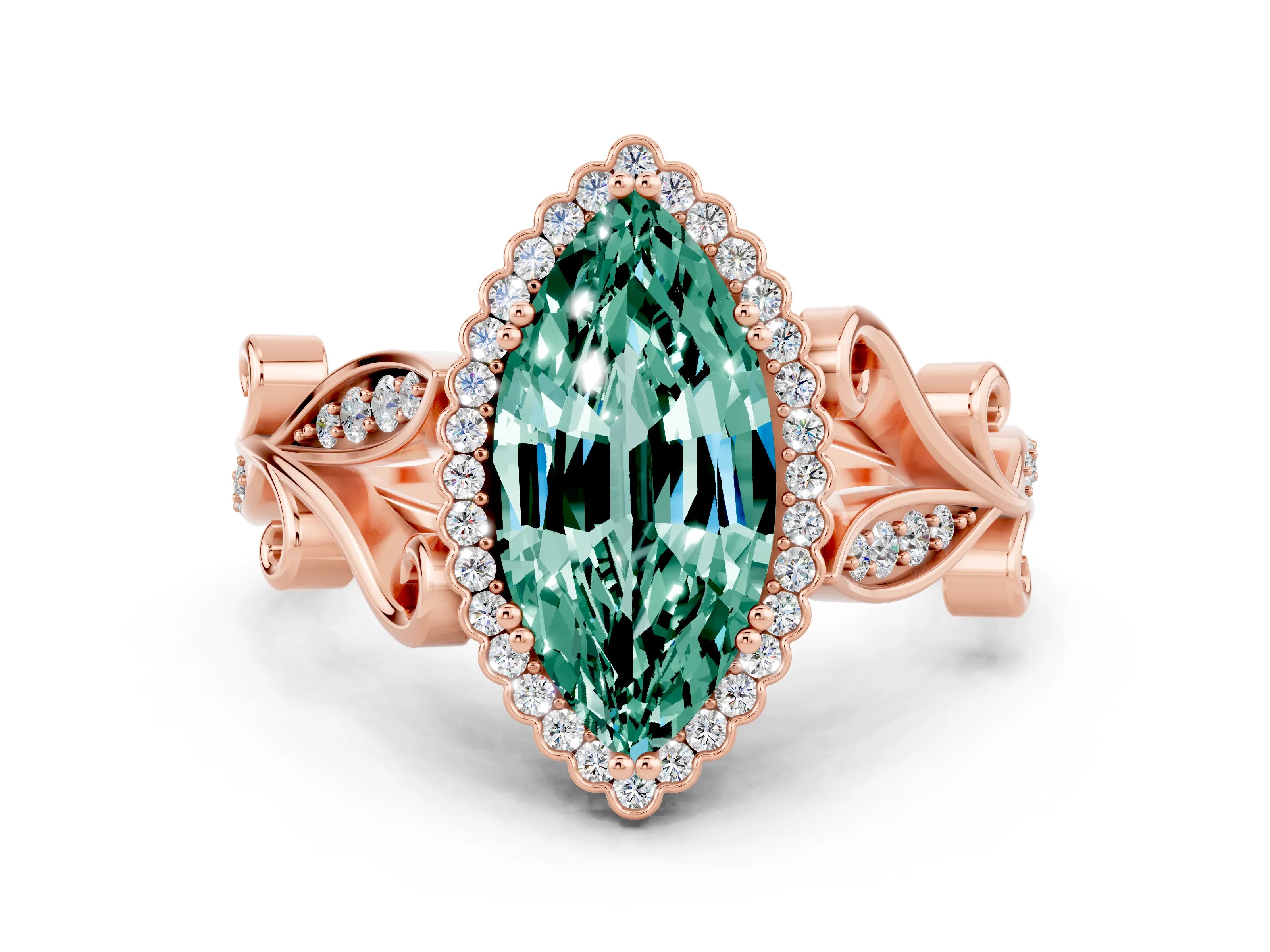 Rose gold Marquise Cut Green Sapphire Halo Ring with Vintage Split Shank and Four-Prong Setting