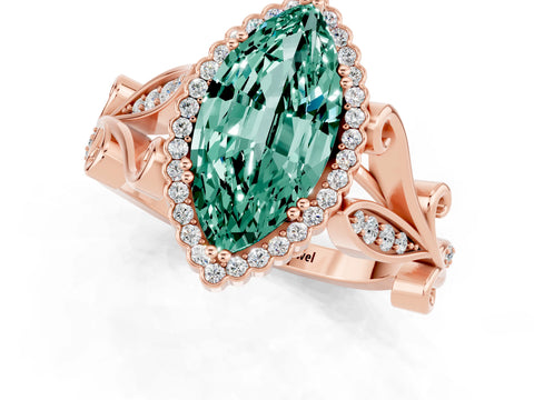 Rose gold Marquise Cut Green Sapphire Halo Ring with Vintage Split Shank and Four-Prong Setting_1