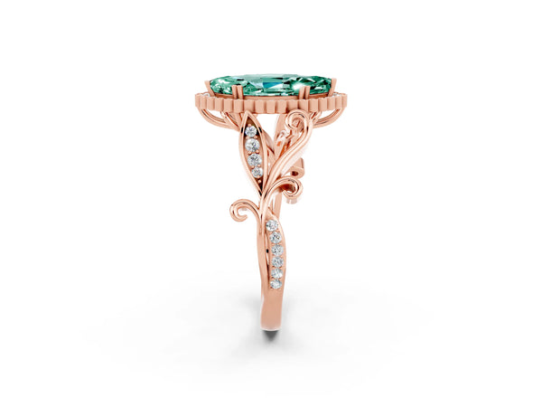 Rose gold Marquise Cut Green Sapphire Halo Ring with Vintage Split Shank and Four-Prong Setting