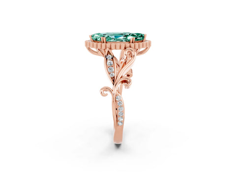 Rose gold Marquise Cut Green Sapphire Halo Ring with Vintage Split Shank and Four-Prong Setting_2