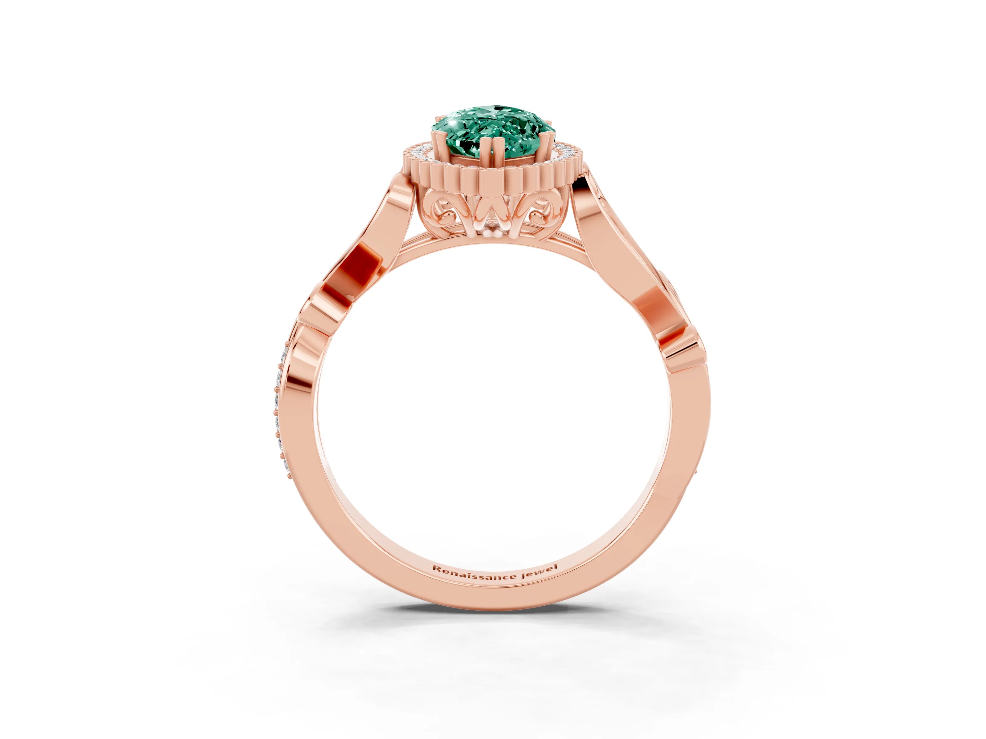 Rose gold Marquise Cut Green Sapphire Halo Ring with Vintage Split Shank and Four-Prong Setting_3