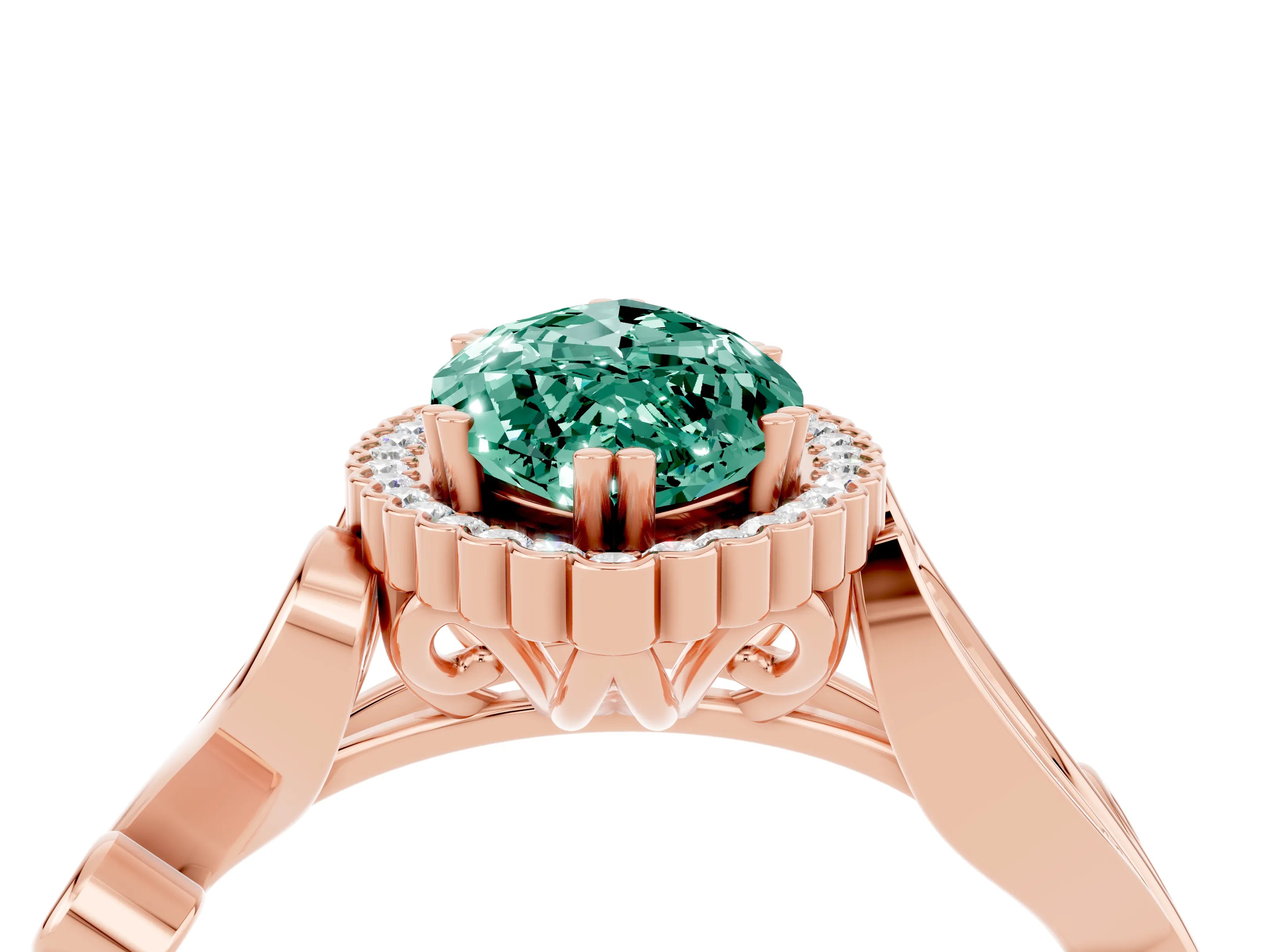 Rose gold Marquise Cut Green Sapphire Halo Ring with Vintage Split Shank and Four-Prong Setting_4