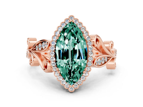 Rose gold Marquise Cut Green Sapphire Halo Ring with Vintage Split Shank and Four-Prong Setting