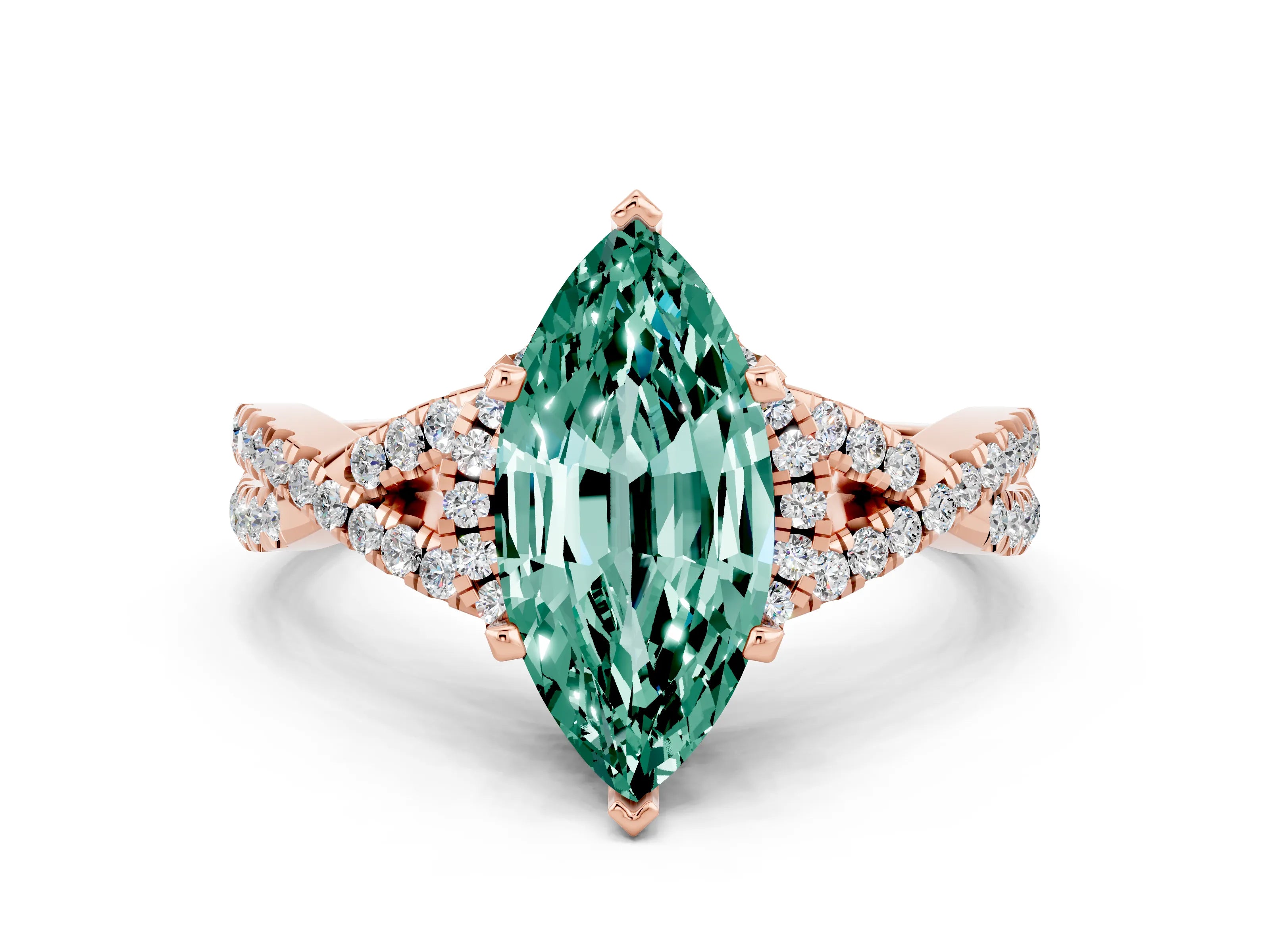 Rose gold Marquise Cut Green Sapphire Halo Twist Band Solitaire Prong Setting Ring