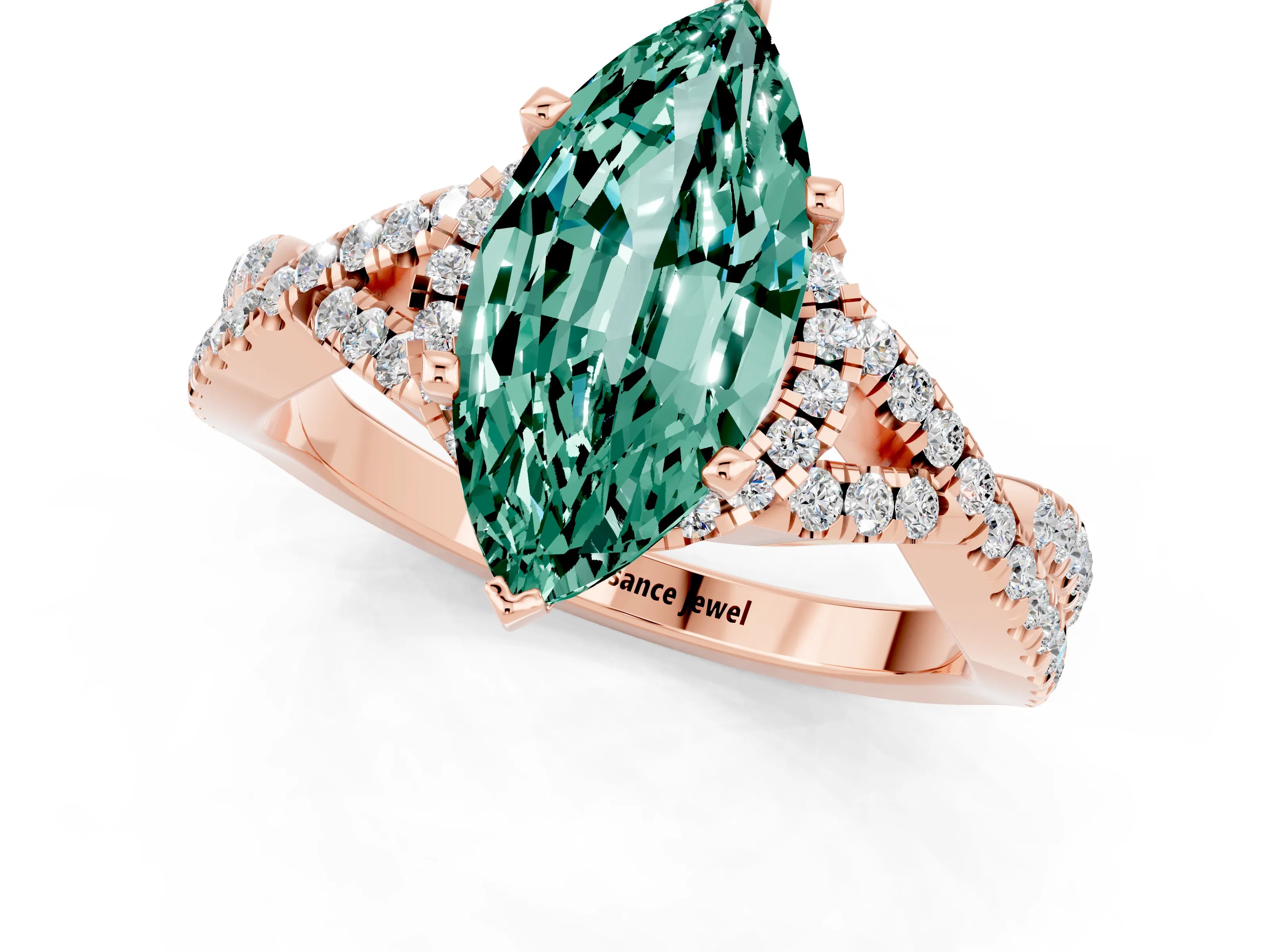 Rose gold Marquise Cut Green Sapphire Halo Twist Band Solitaire Prong Setting Ring_1