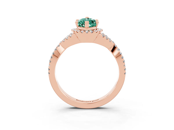 Rose gold Marquise Cut Green Sapphire  Halo Twist Band Solitaire Prong Setting Ring